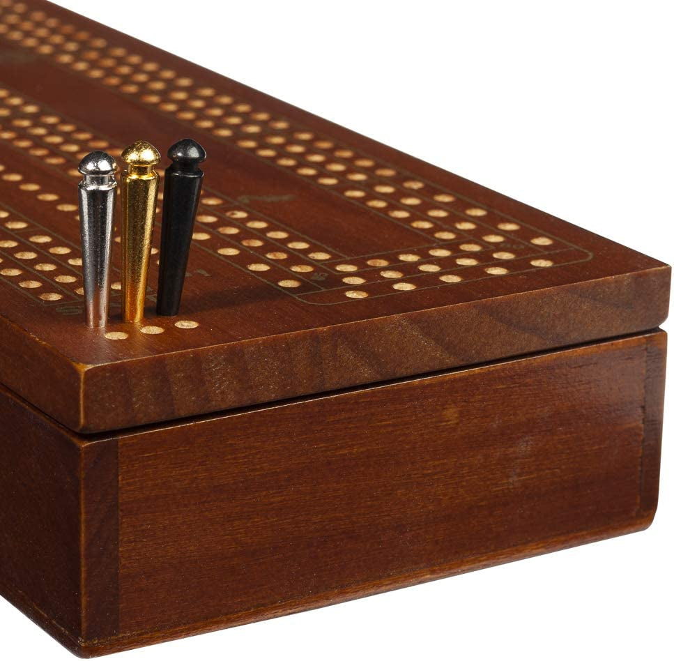 3 Player Wood Cribbage Set - Easy Grip Pegs and 2 Decks of Cards inside of Board - Walnut Stained