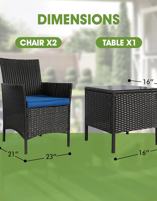 Load image into Gallery viewer, 3 Piece Patio Furniture Set, Outdoor PE Rattan Wicker Chairs with Soft Cushion and Coffee Table, Conversation Set for Yard Backyard Lawn Porch Poolside Balcony, Black/Blue
