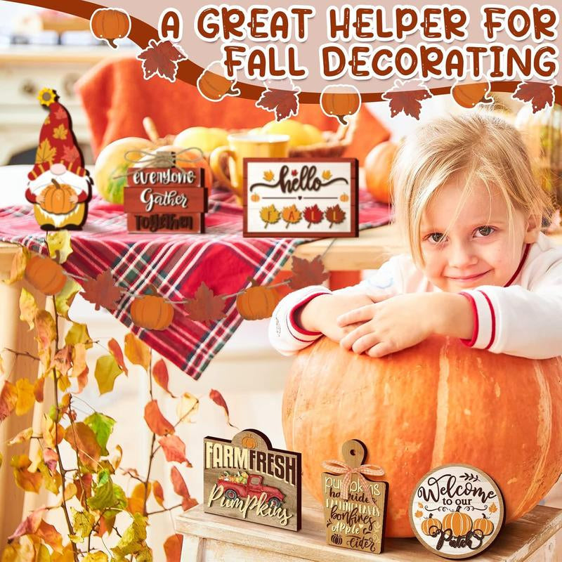 15 Pcs Fall Tiered Tray Decor Set Hello Fall Decor Autumn Wood Signs Thanksgiving Orange Brown Table Signs Farmhouse Wooden Maple Pumpkin Gnomes Tabletop for Festival Home Decor(Autumn)