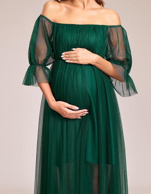 Load image into Gallery viewer, EVER PRETTY Sheer Off-Shoulder Double Skirt Maxi Maternity Dress below the Ankle Square Neckline Long Sleeves Concealed Zipper Back 20862
