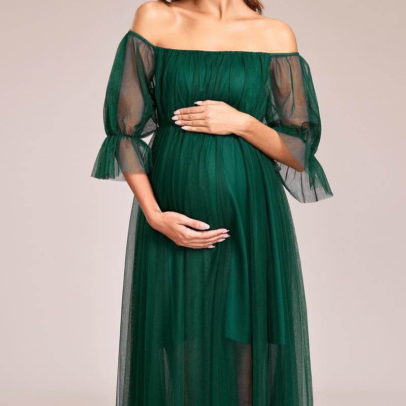 EVER PRETTY Sheer Off-Shoulder Double Skirt Maxi Maternity Dress below the Ankle Square Neckline Long Sleeves Concealed Zipper Back 20862