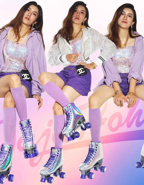 Load image into Gallery viewer, Roller Skates for Women, Holographic High Top PU Leather Rollerskates, Shiny Double-Row Four Wheels Quad Skates for Girls and Age 8-50 Indoor Outdoor (Silver Purple)
