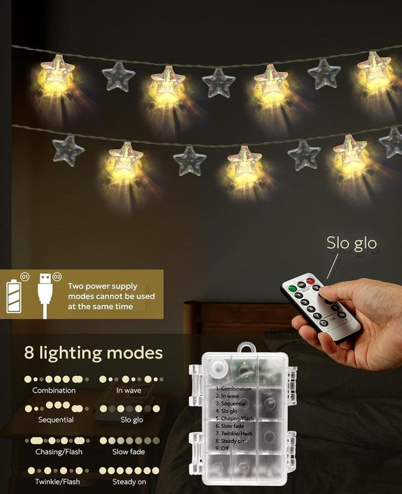 Star LED Fairy String Lights – Usb/Battery Powered 20 Twinkling Lights with Remote & 8 Modes | Waterproof & Durable Ambient Lighting for Tacky Christmas Tree Decor, Bedroom, Back to School Dorm, 4Th of July Party, Indoor/Outdoor Celebration