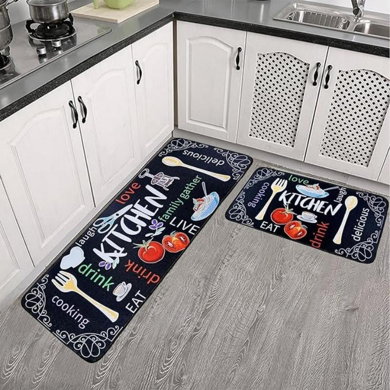 Cutlery Pattern Kitchen Mat, 2 Counts/Set Non-Slip Kitchen Rug, Room Decor Waterproof Kitchen Floor Mat, Washable Kitchen Rugs, Kitchen Decoration, Home Decor