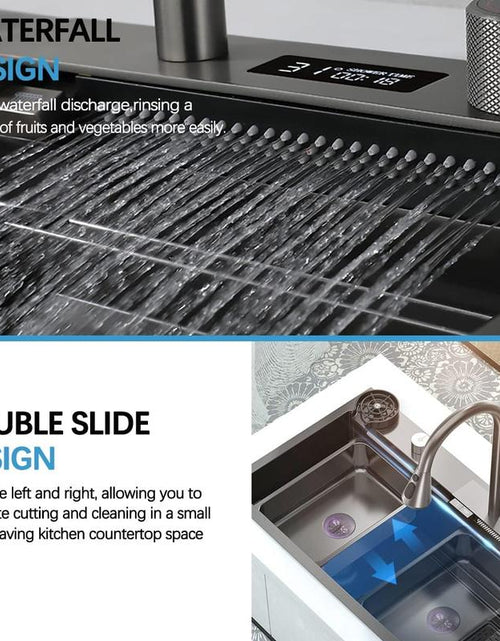 Load image into Gallery viewer, Bronstarz 29.5*18 INCH Black Nano Drop in Kitchen Sink 304 Stainless Steel Waterfall Sink with Pull down Sprayhead Faucet Single Bowl Drop in Kitchen Sink Workstation with LED TEMP Display (29.5 X 18 IN)
