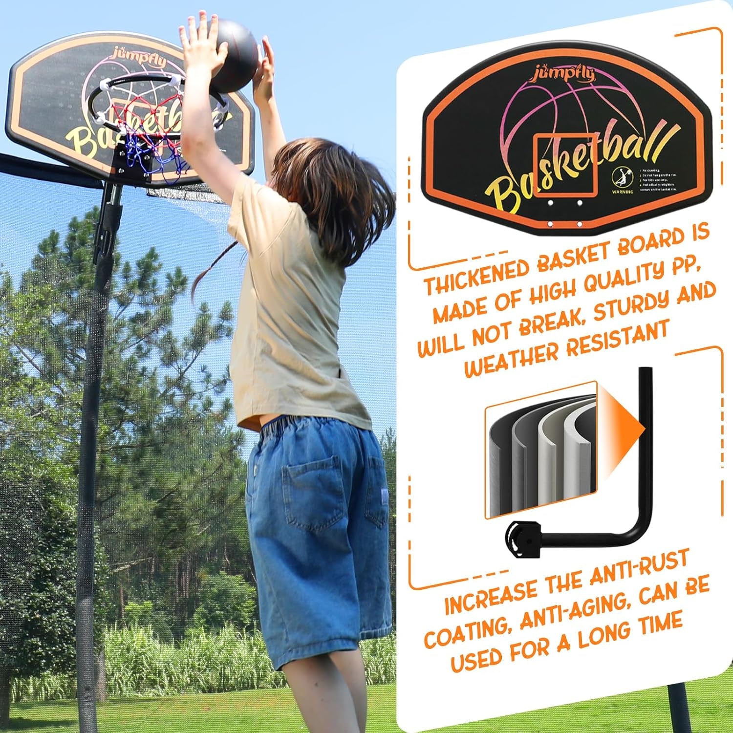 Trampoline Basketball Hoop Attachment, Basketball Hoop for Trampoline Easy to Install, Universal Trampoline Accessories Fits Straight Pole & Curved Pole with Mini Balls & Pump
