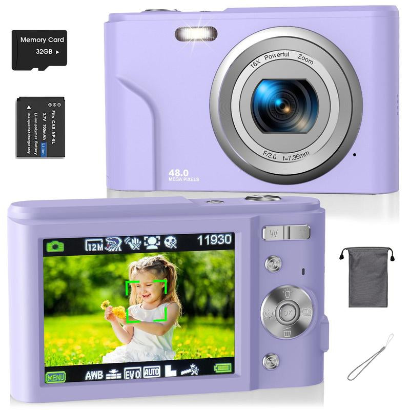 Auto Focus Digital Camera, 1 Count Full HD 1080P/48MP Mini Digital Cameras with 32G Memory Card, Compact Portable Camera, 16X Zoom Digital Camera Pictures For, Photo Camera, Shoot Cameras, Pocket Camera