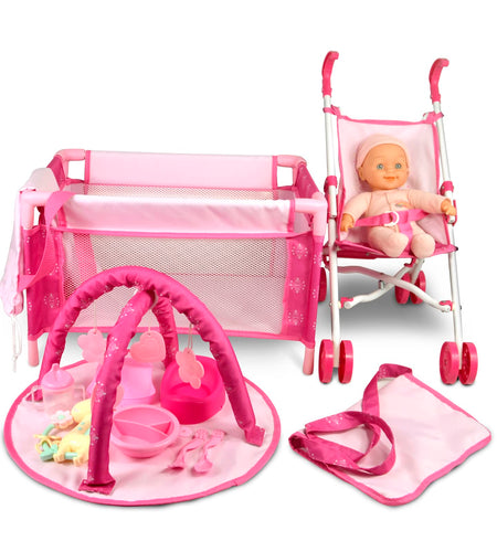 ANIVIA 5PCs Baby Doll Stroller Set - Baby Doll Accessories Set Includes Doll Stroller/Doll Crib/Play Mat/Feeding Toy/Diaper Bag Nursery Role Play Set (11" Doll Included)