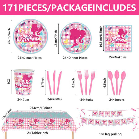 171 Count Disposable Tableware Birthday Party Supplies Pink Girls Paper Plates Napkins Cups Plastic Tablecloths Pink Girls Tableware Set Birthday Party Decorations Serves 24 Guests