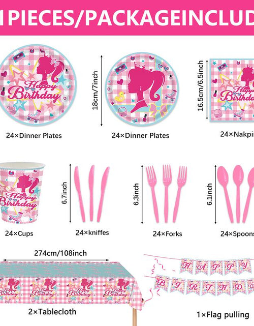 Load image into Gallery viewer, 171 Count Disposable Tableware Birthday Party Supplies Pink Girls Paper Plates Napkins Cups Plastic Tablecloths Pink Girls Tableware Set Birthday Party Decorations Serves 24 Guests
