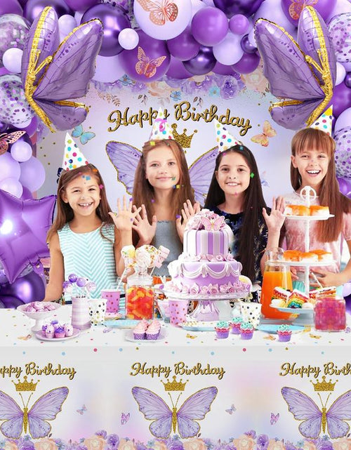 Load image into Gallery viewer, Butterfly Birthday Balloon Arch Kit, 95Pcs Purple Pink Butterfly Birthday Party Decoration DIY Set, Lavender Balloons Foil Balloons, Happy Birthday Backdrop Tablecloth, Girl&#39;S Birthday Party Balloon Garland, Party Supplies, Father&#39;S Day Gift
