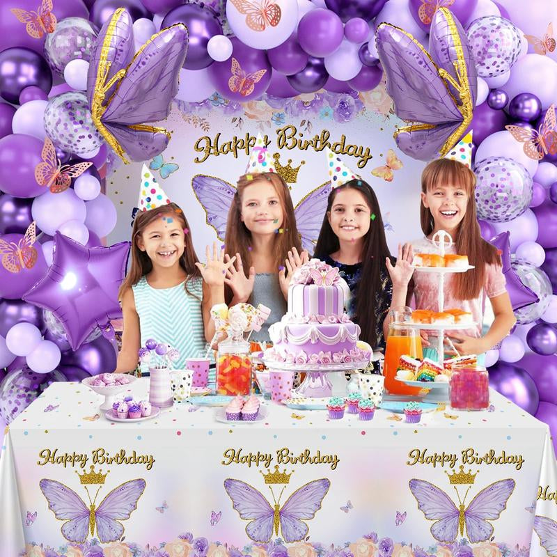 Butterfly Birthday Balloon Arch Kit, 95Pcs Purple Pink Butterfly Birthday Party Decoration DIY Set, Lavender Balloons Foil Balloons, Happy Birthday Backdrop Tablecloth, Girl'S Birthday Party Balloon Garland, Party Supplies, Father'S Day Gift