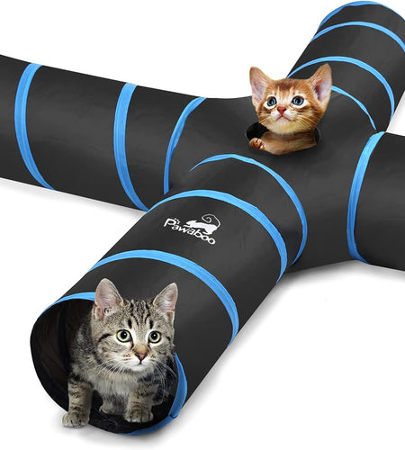 Cat Toys - 4 Way Cat Tunnel, Tube & Play Tent, 25X53Cm, Extensible, Interactive Maze with Balls & Bells for Kitten & Small Animal, Blue