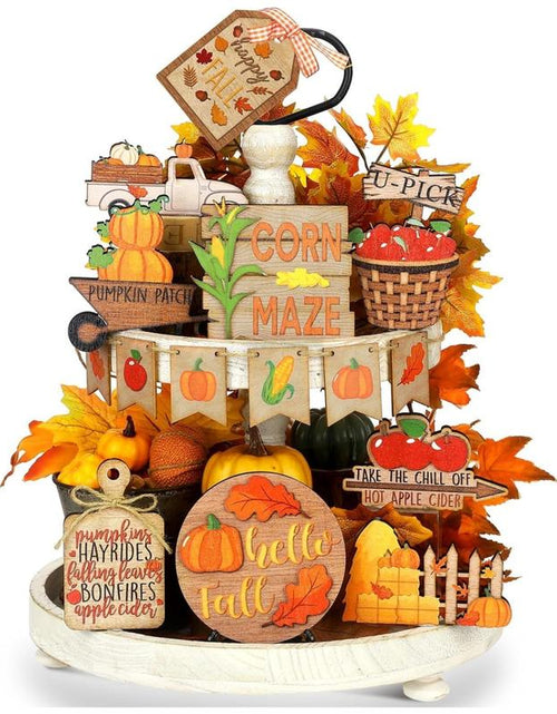 Load image into Gallery viewer, 15 Pcs Fall Tiered Tray Decor Set Hello Fall Decor Autumn Wood Signs Thanksgiving Orange Brown Table Signs Farmhouse Wooden Maple Pumpkin Gnomes Tabletop for Festival Home Decor(Autumn)
