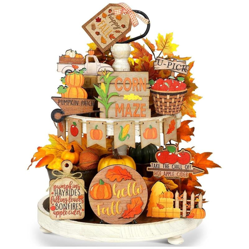 15 Pcs Fall Tiered Tray Decor Set Hello Fall Decor Autumn Wood Signs Thanksgiving Orange Brown Table Signs Farmhouse Wooden Maple Pumpkin Gnomes Tabletop for Festival Home Decor(Autumn)
