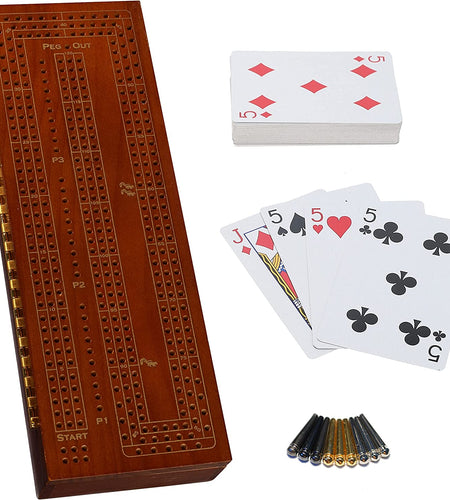 3 Player Wood Cribbage Set - Easy Grip Pegs and 2 Decks of Cards inside of Board - Walnut Stained