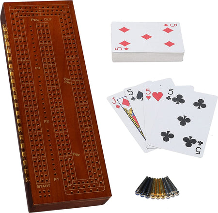 3 Player Wood Cribbage Set - Easy Grip Pegs and 2 Decks of Cards inside of Board - Walnut Stained