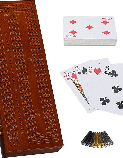 Load image into Gallery viewer, 3 Player Wood Cribbage Set - Easy Grip Pegs and 2 Decks of Cards inside of Board - Walnut Stained
