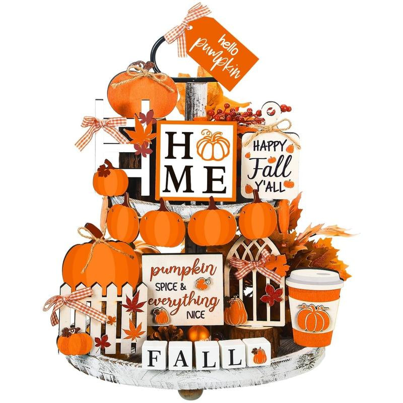 15 Pcs Fall Tiered Tray Decor Set Hello Fall Decor Autumn Wood Signs Thanksgiving Orange Brown Table Signs Farmhouse Wooden Maple Pumpkin Gnomes Tabletop for Festival Home Decor(Autumn)
