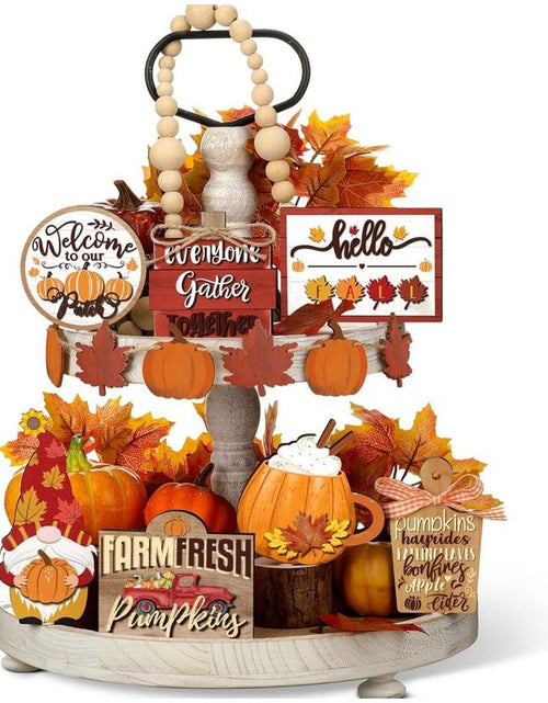 Load image into Gallery viewer, 15 Pcs Fall Tiered Tray Decor Set Hello Fall Decor Autumn Wood Signs Thanksgiving Orange Brown Table Signs Farmhouse Wooden Maple Pumpkin Gnomes Tabletop for Festival Home Decor(Autumn)
