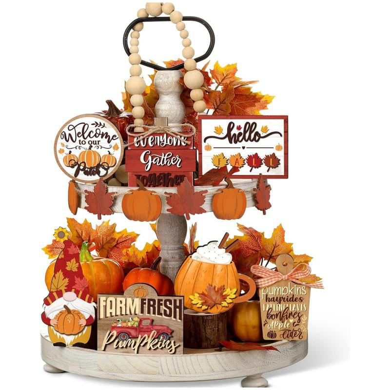 15 Pcs Fall Tiered Tray Decor Set Hello Fall Decor Autumn Wood Signs Thanksgiving Orange Brown Table Signs Farmhouse Wooden Maple Pumpkin Gnomes Tabletop for Festival Home Decor(Autumn)