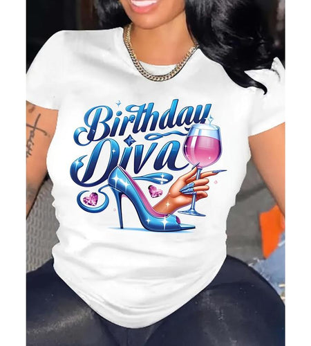 Women'S Casual Birthday Diva Graphic T-Shirt - Wine Glass & High Heel Print Crew Neck Short Sleeve Top for Spring Summer Fall, Machine Washable Party & Celebration Apparel, Birthday Shirts, Fall Festive Clothing