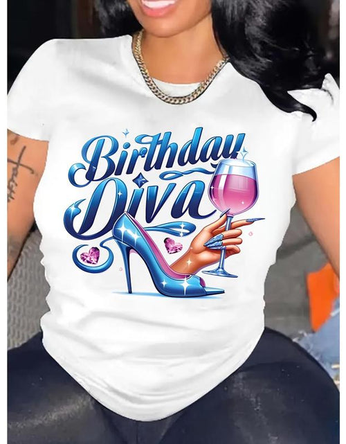 Load image into Gallery viewer, Women&#39;S Casual Birthday Diva Graphic T-Shirt - Wine Glass &amp; High Heel Print Crew Neck Short Sleeve Top for Spring Summer Fall, Machine Washable Party &amp; Celebration Apparel, Birthday Shirts, Fall Festive Clothing
