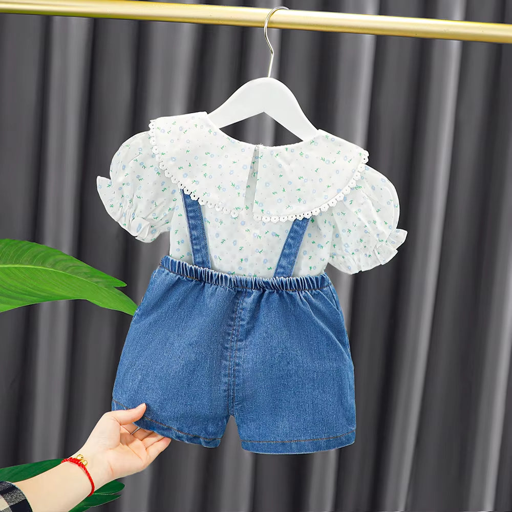 New Summer Newborn Girl Baby Clothes Outfit Sets Floral Shirt + Denim Overalls Suit for Girls Baby Clothing 1 Year Birthday Sets