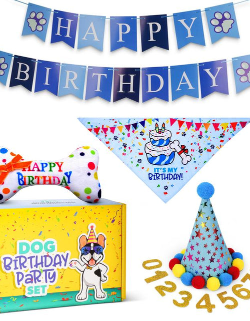 Load image into Gallery viewer, Pacific Pups - Dog Birthday Party Set - Dog Birthday Hat, Birthday Dog Bandanna, Squeaky Dog Toy, Birthday Banner for Pet Birthday Party
