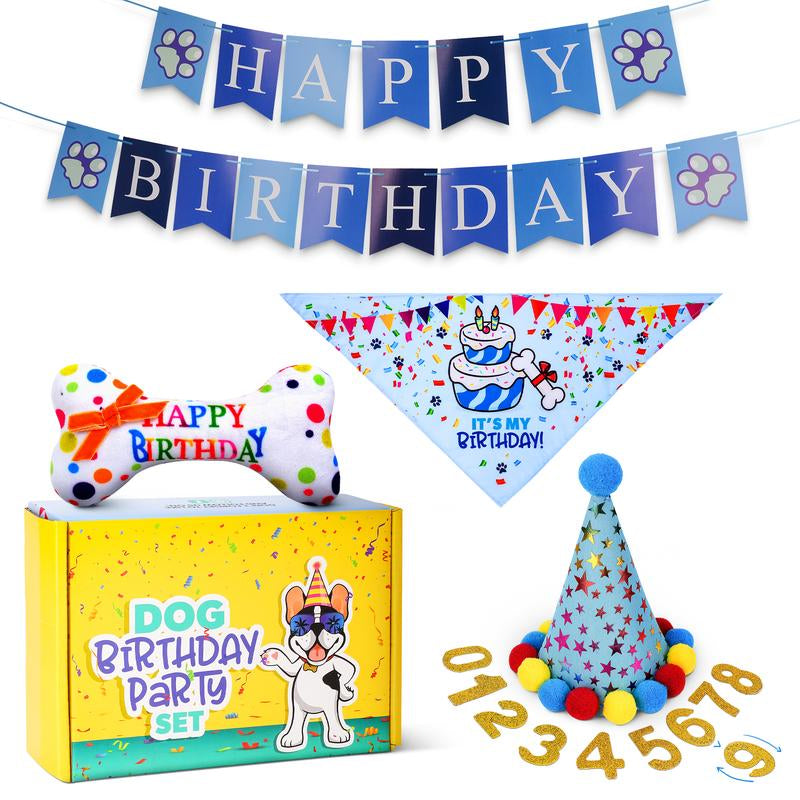 Pacific Pups - Dog Birthday Party Set - Dog Birthday Hat, Birthday Dog Bandanna, Squeaky Dog Toy, Birthday Banner for Pet Birthday Party