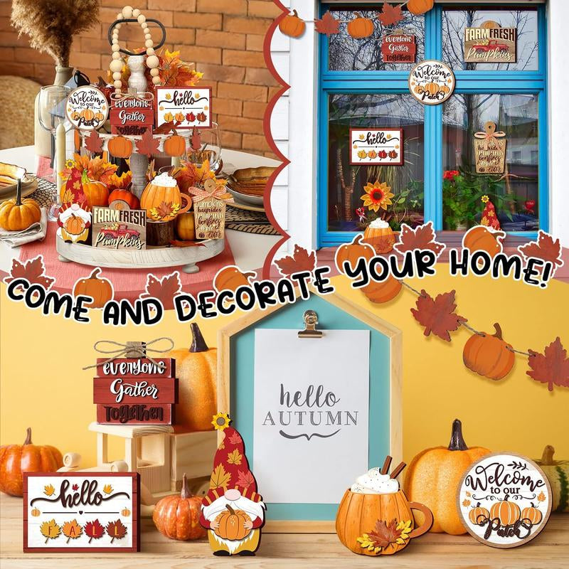 15 Pcs Fall Tiered Tray Decor Set Hello Fall Decor Autumn Wood Signs Thanksgiving Orange Brown Table Signs Farmhouse Wooden Maple Pumpkin Gnomes Tabletop for Festival Home Decor(Autumn)