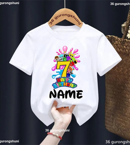 Colorful 7Th Happy Birthday Game Sprunki Printed T Shirt for Girls/Boys Custom Name Birthday Party Kids Clothes Summer T-Shirt