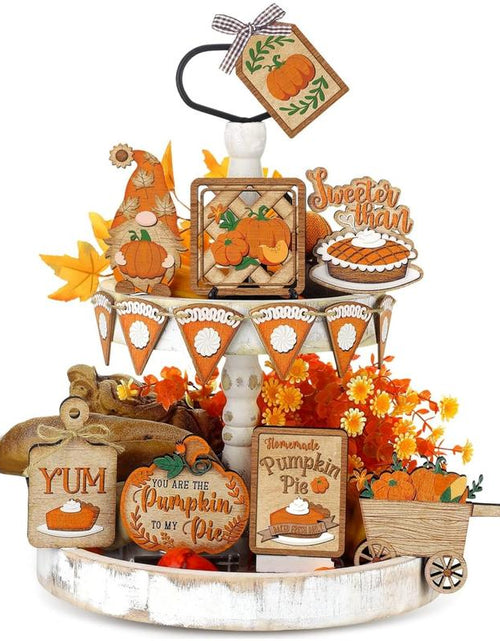 Load image into Gallery viewer, 15 Pcs Fall Tiered Tray Decor Set Hello Fall Decor Autumn Wood Signs Thanksgiving Orange Brown Table Signs Farmhouse Wooden Maple Pumpkin Gnomes Tabletop for Festival Home Decor(Autumn)
