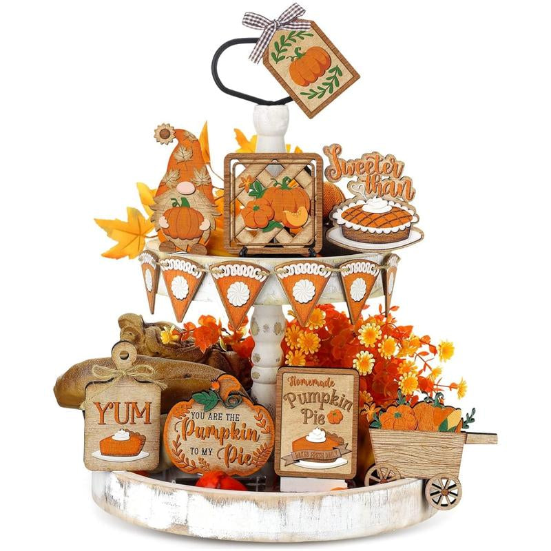 15 Pcs Fall Tiered Tray Decor Set Hello Fall Decor Autumn Wood Signs Thanksgiving Orange Brown Table Signs Farmhouse Wooden Maple Pumpkin Gnomes Tabletop for Festival Home Decor(Autumn)