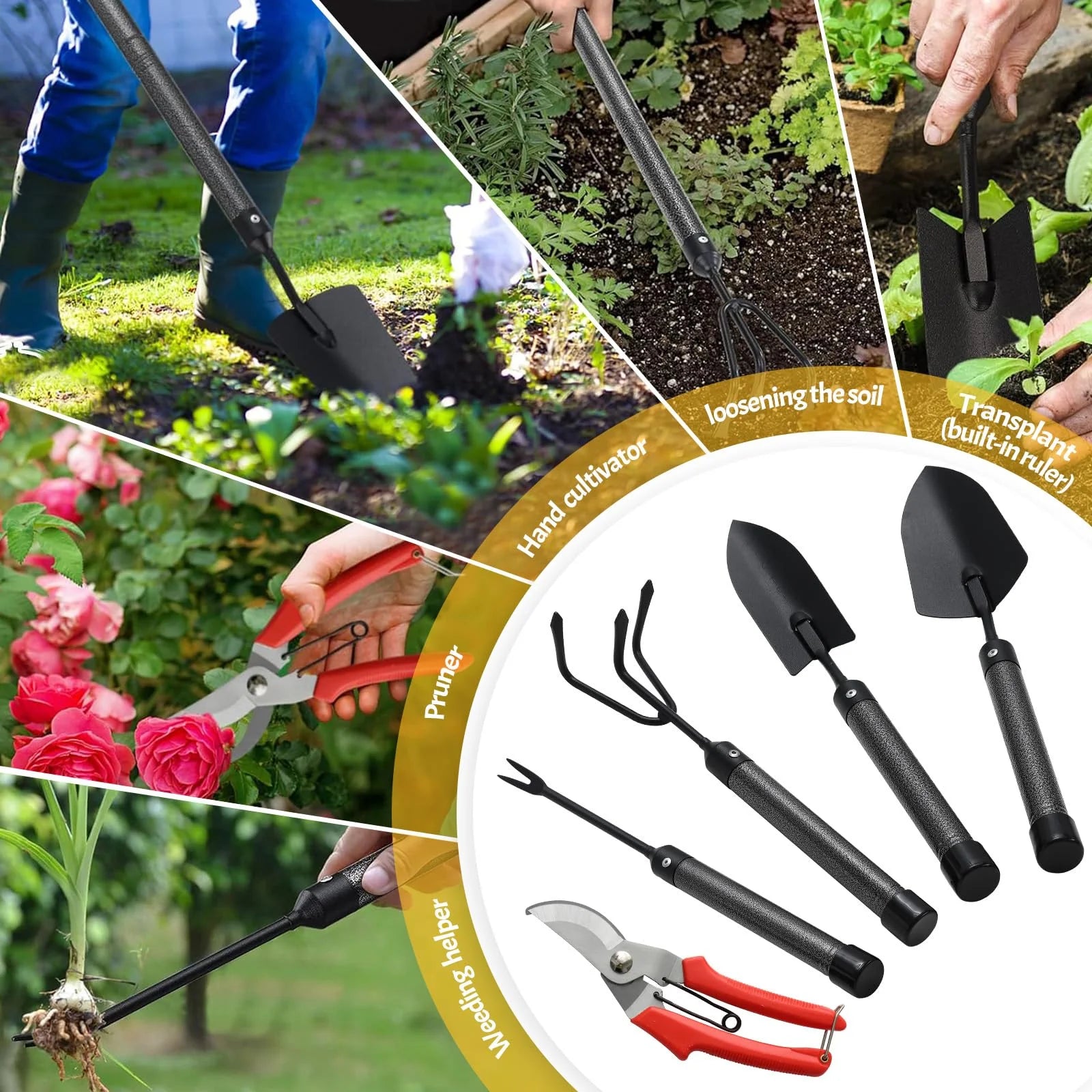 Garden Tools Set with Extension Handles, Heavy-Duty Steel Thick Gardening Hand Tools,5 Pieces