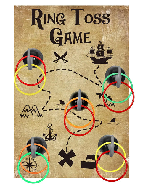 Load image into Gallery viewer, Libima 18 Pcs Pirate Hook Ring Toss Games Set Includes 1 Pirate Game Board 5 Captain Hooks 12 Plastic Toss Rings Indoor Outdoor Game Gifts for Pirate Theme Party Decorations and Supplies
