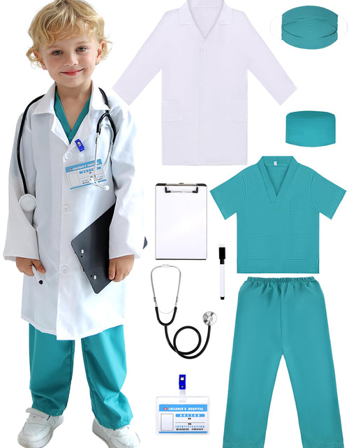 Load image into Gallery viewer, Popsunny Doctor Costume for Kids 3 4 5 Years Old Toddler Medical Dress up Outfit with Real Stethoscope Pretend Play Coat Gift for Boys Girls

