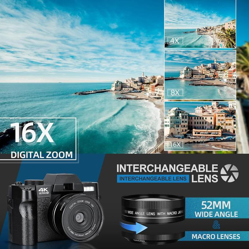 4K Digital Cameras for Photography, 48MP Vlogging Camera for Youtube with Wifi, 180° Flip Screen Compact Camera with Flash