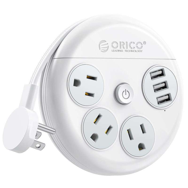 ORICO Travel Power Strip, Travel Essentials, Travel Extension Cord with 3 Outlets 3 USB Ports, 4FT Wrapped around Extension Cord for Travel Cruise Ship Beach Vacation Essentials White-Or-3A3U