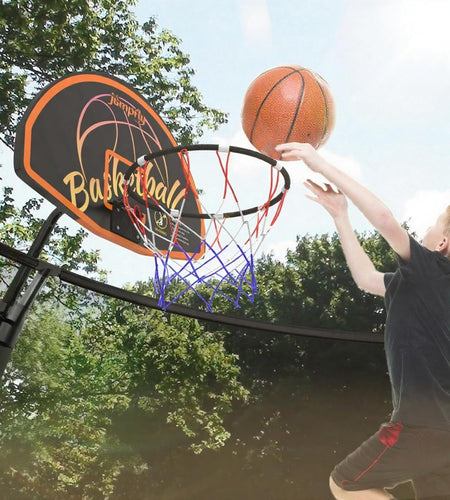 Trampoline Basketball Hoop Attachment, Basketball Hoop for Trampoline Easy to Install, Universal Trampoline Accessories Fits Straight Pole & Curved Pole with Mini Balls & Pump