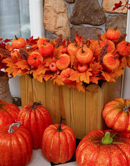 Load image into Gallery viewer, PARTY JOY 4PCS Maple Leaves Bunch with Silk Pumpkin Autumn Floral Stems for DIY Arrangment Fall Decor Fall Decorations for Home
