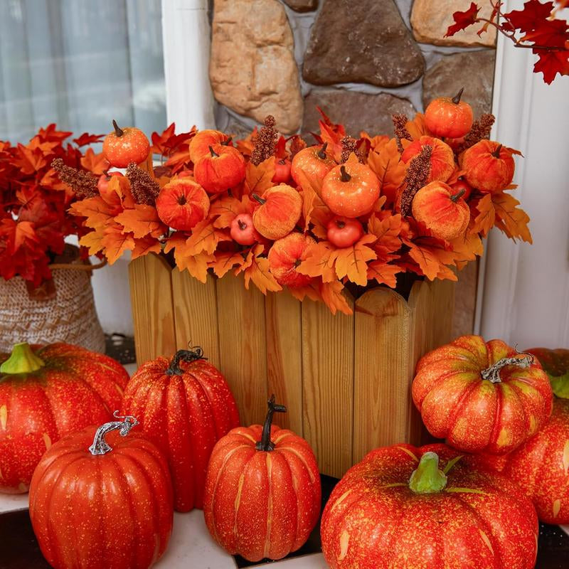 PARTY JOY 4PCS Maple Leaves Bunch with Silk Pumpkin Autumn Floral Stems for DIY Arrangment Fall Decor Fall Decorations for Home