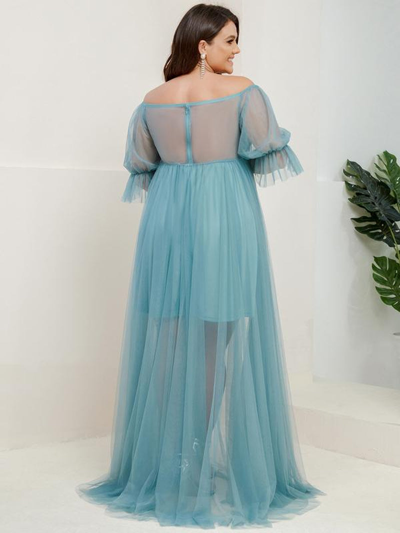 EVER PRETTY Sheer Off-Shoulder Double Skirt Maxi Maternity Dress below the Ankle Square Neckline Long Sleeves Concealed Zipper Back 20862