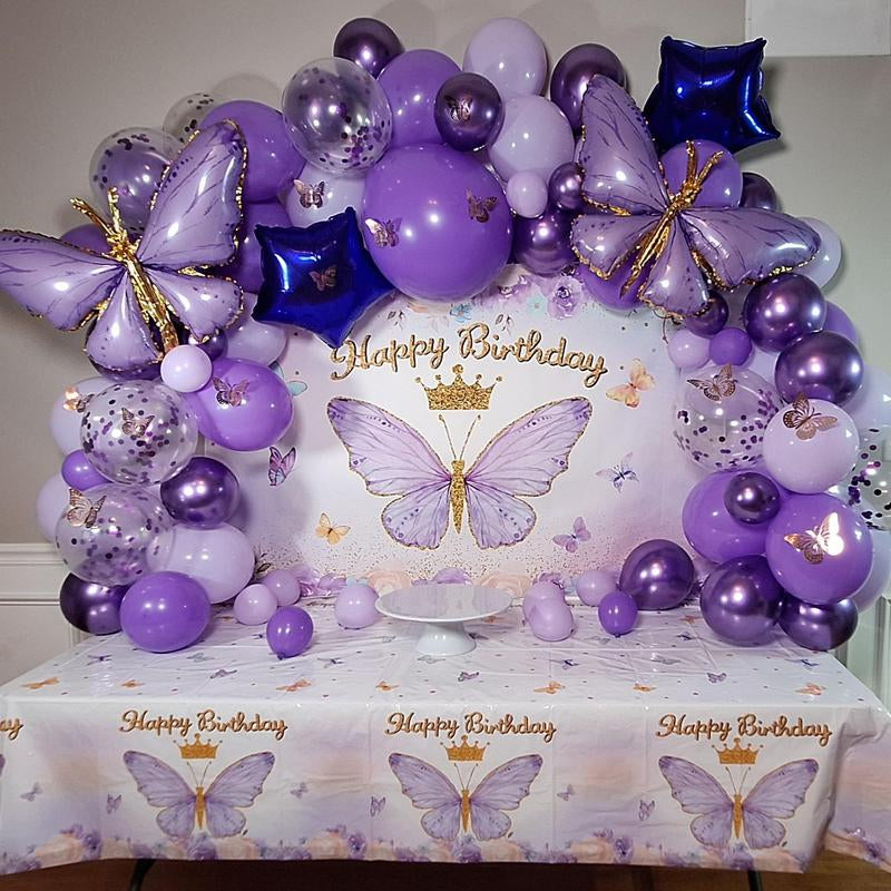 Butterfly Birthday Balloon Arch Kit, 95Pcs Purple Pink Butterfly Birthday Party Decoration DIY Set, Lavender Balloons Foil Balloons, Happy Birthday Backdrop Tablecloth, Girl'S Birthday Party Balloon Garland, Party Supplies, Father'S Day Gift