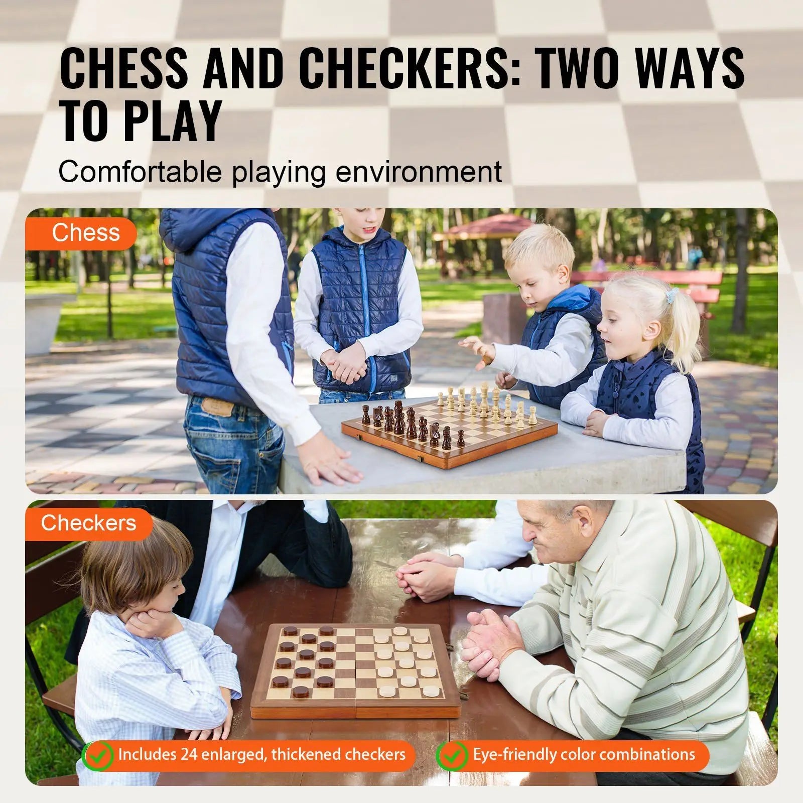 2 Queens Portable Travel Gift Chess Set for Tournament Professional Beginner 15 Inch 2-IN-1 Chess Checkers Game Set,