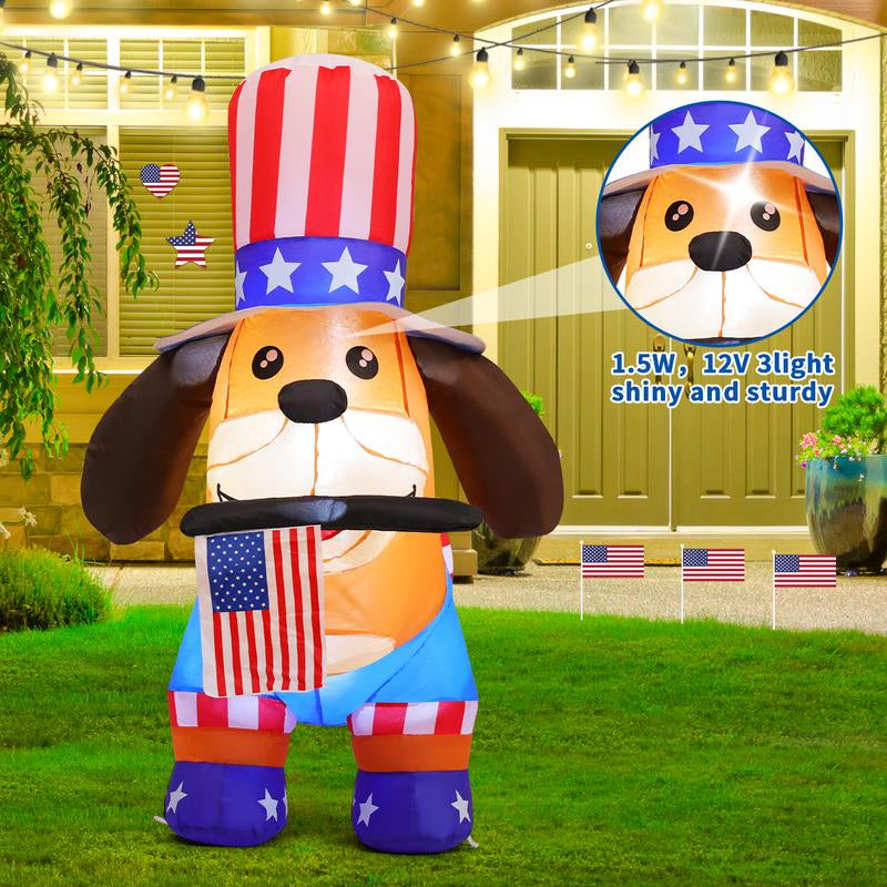 4Th of July Inflatables 4FT Dog with American Flag Independence Day Blow up Inflatable Yard Decorations with Built-In Leds for Holiday Party Indoor Outdoor Yard Garden Lawn