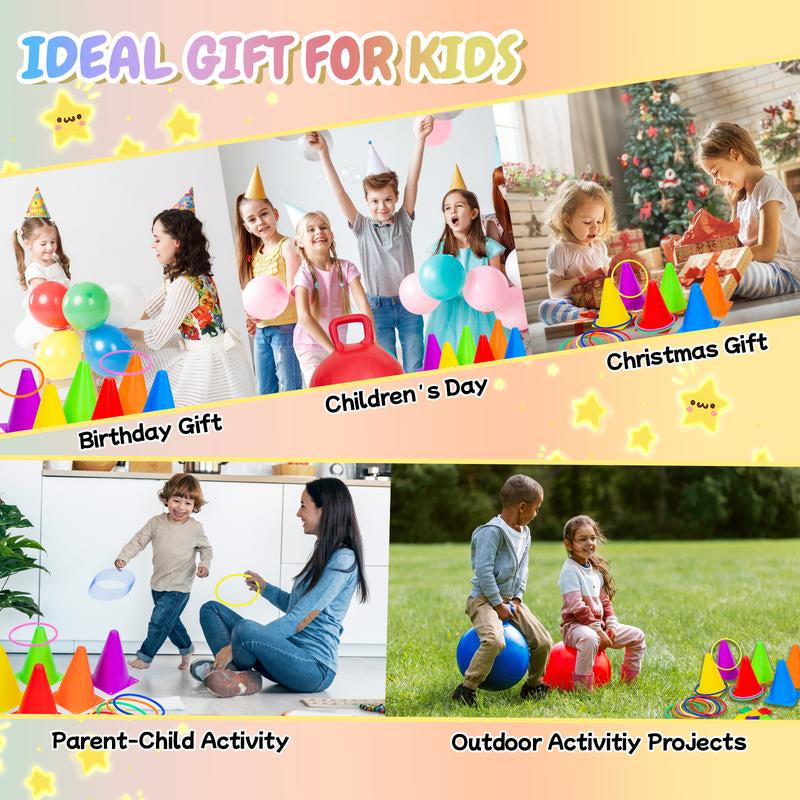Joyspot 4 in 1 Carnival Outdoor Games Combo Set for Kids, Soft Plastic Cones Bean Bags Ring Toss Game,Gift for Kids