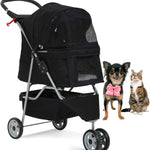 3-Wheel Pet Stroller, Lightweight Foldable Dog Stroller for Small Medium Dogs & Cats, Breathable Mesh & Weather Cover with Storage Basket, for Daily Walk Outdoor Travel (Black)