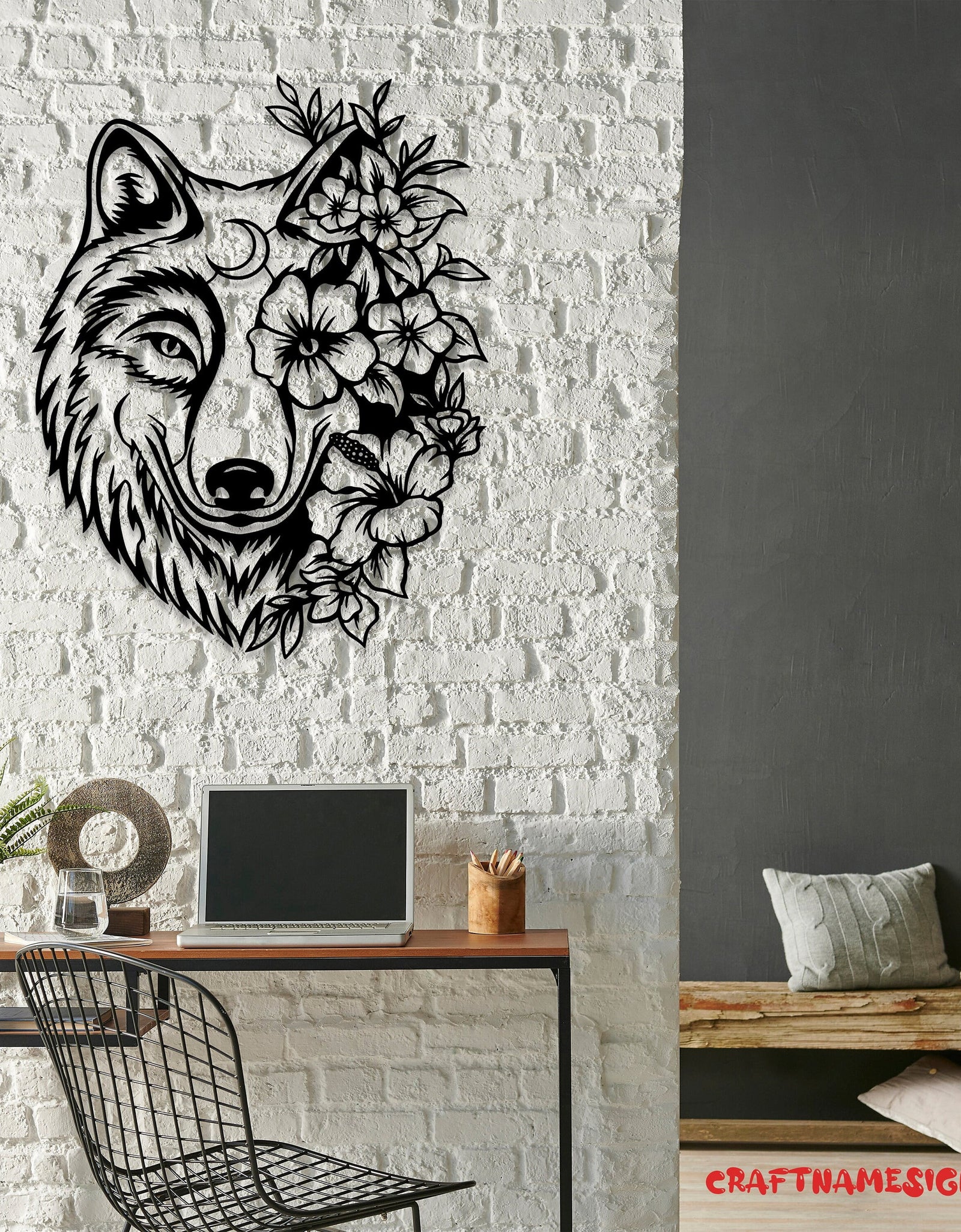 Floral Wolf Metal Wall Art LED Light, Wolf Sign Home Decor, Ideal for Home Decor