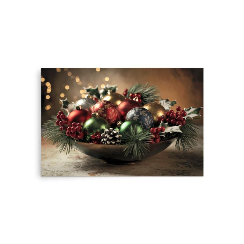 Elegant Christmas Ornament Wall Art Poster - High Quality Holiday Décor Physical Decoration, Aesthetic Holly Ornament Print Picture Unframe